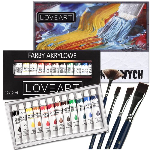 Farby akrylowe Loveart 12x12ml, blok do farb, zestaw pędzli #1