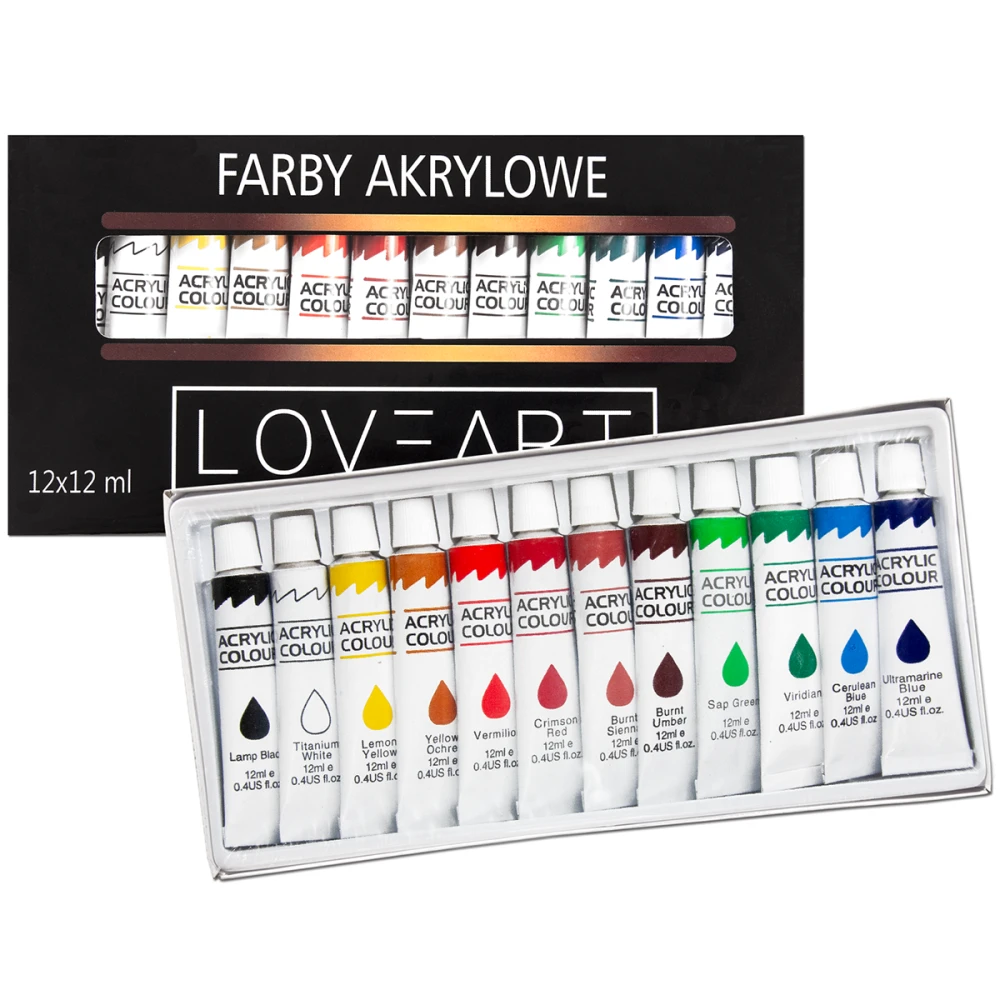 Farby akrylowe Loveart 12x12ml, blok do farb, zestaw pędzli #2