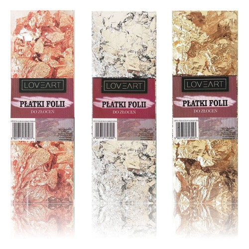 Folia do złoceń w płatkach Loveart 3szt Mix miedziana złota srebrna #1