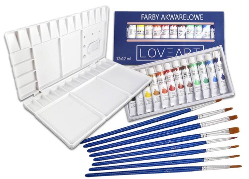 Farby akwarelowe 12x12ml, paletka zamykana, zestaw pędzli do akwareli #1
