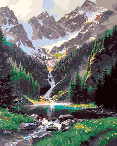 Malowanie po numerach 40x50cm Potok w górach - Zestaw na ramie #1