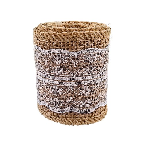 Wstążka jutowa naturalna z białą koronką #1