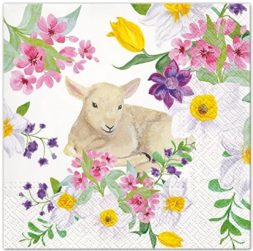 Serwetka do Decoupage 33x33cm - Lamb in Flowers #1