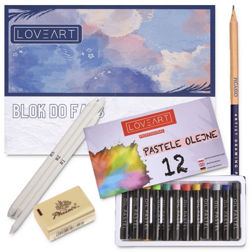 Zestaw rysunkowy - Pastele olejne 12szt  z blokiem i akcesoriami #1