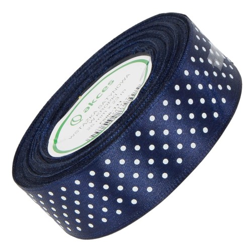  Wstążka satynowa w kropki 25 mm - granat 111 - 23 m - dekoracyjna tasiemka #1