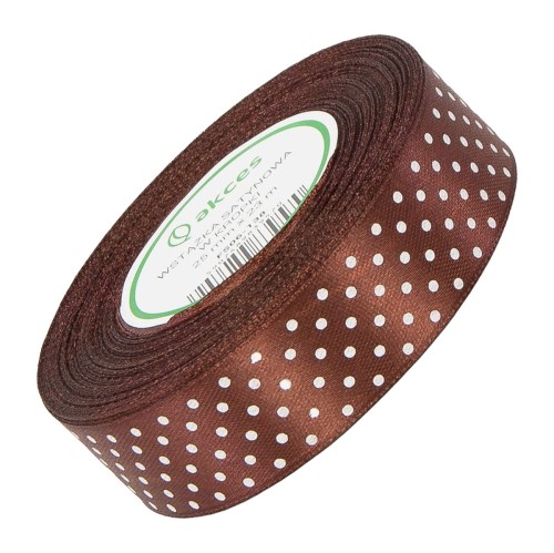  Wstążka satynowa w kropki 25 mm - brązowa 138 - 23 m - dekoracyjna tasiemka #1