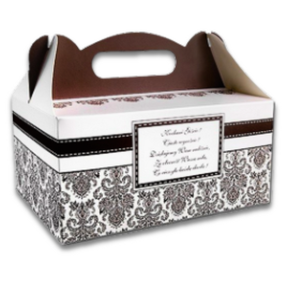 Eleganckie pudełko weselne na ciasto z nadrukiem i uchwytem 19x14x9cm