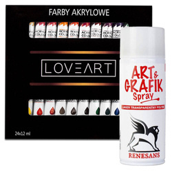 Farby akrylowe Loveart 24x12ml Werniks lakier w sprayu 400ml - połysk