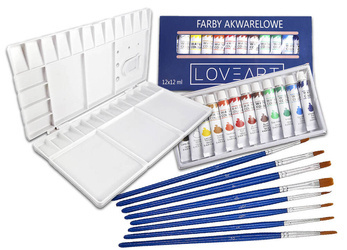 Farby akwarelowe 12x12ml, paletka zamykana, zestaw pędzli do akwareli