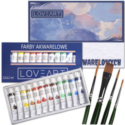 Farby akwarelowe Loveart 12x12ml, blok do farb, zestaw pędzli