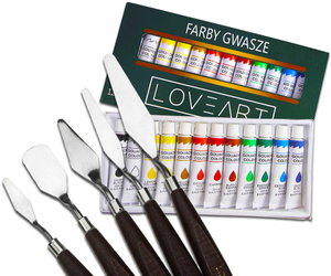 Farby gwasze Loveart 12x12ml gouache Szpachelki malarskie 5 sztuk