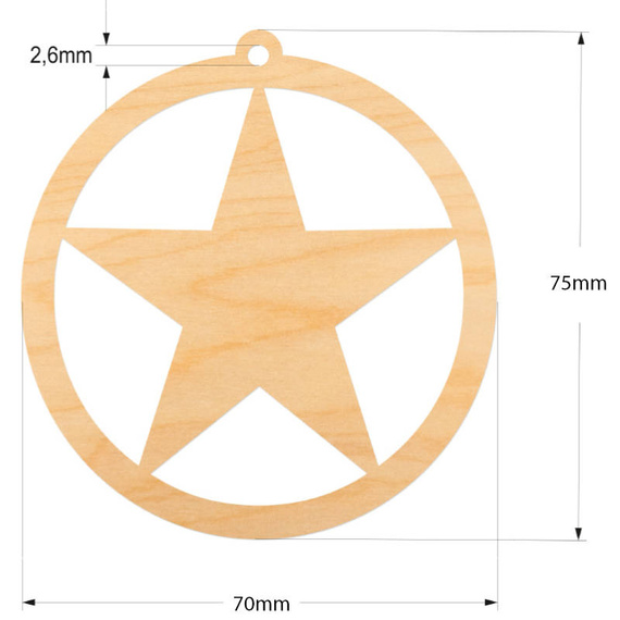 Drewniana ozdoba zawieszka bombka 7 cm Decor - z gwiazdką - 10szt
