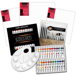 Farby akrylowe 24x12ml + Podobrazia + Pędzle + Paletka