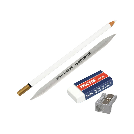 Zestaw do rysunku - temperówka, wiszer, gumka w ołówku i gumka chlebowa