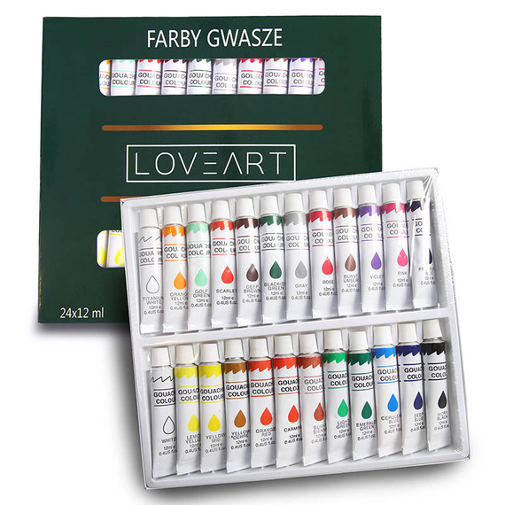 Farby Gwasze LOVEART 24 kolory x 12 ml - Gouache do malowania