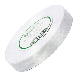 Wstążka satynowa biała w białe kropki 12mm 23m