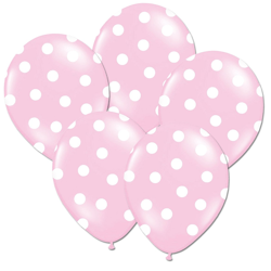 Balony w kropki 5 szt. 30 cm jasny różowy / białe kropki
