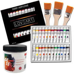 Farby akrylowe Loveart 24x12ml Gesso 500ml Pędzle płaskie 3szt.