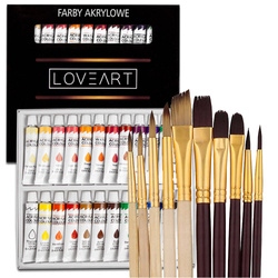 Farby akrylowe Loveart 24x12ml Pędzle precyzyjne 10 sztuk