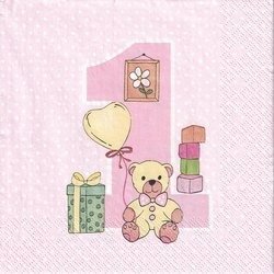 Serwetka 33x33cm -  First Birthday with Teddy Pink