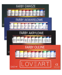 Zestaw farb Loveart 12x12ml Farby akrylowe akwarelowe olejne gwasze