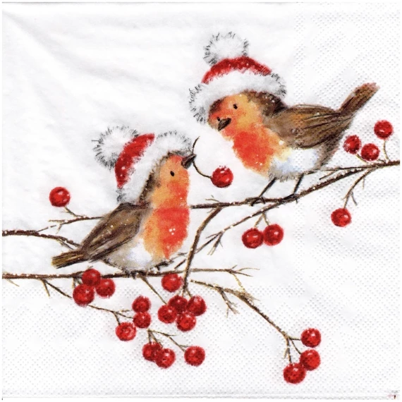 Serwetka 33x33cm - Christmas Robins ptaszki na jarzębinie