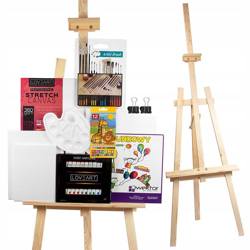 Zestaw malarski - sztaluga, podobrazia, farby, pędzle, paletka, kredki