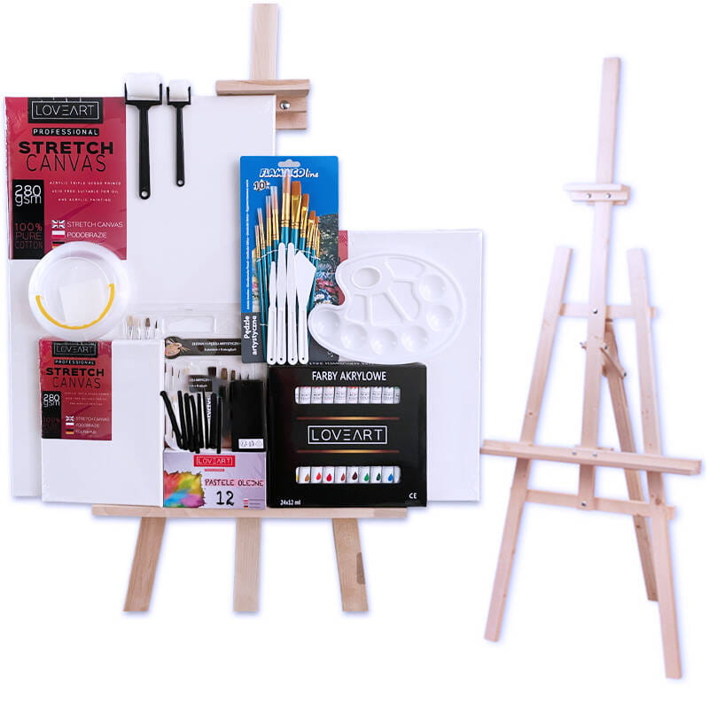 Mega duży zestaw malarski - sztaluga + podobrazia + farby