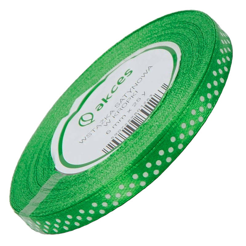 Wstążka satynowa Akces 6 mm zielona w białe kropki 23 m